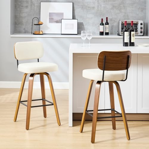 Bekrvio Barhocker 2er Set 74 cm Sitzhöhe, Barhocker mit Lehne Kunstleder, 360° drehbar, extra Dicker Sitz (7,1 cm), Barstuhl Holz mit 4 Beinen, für hohe Kücheninsel & Theke (101–109 cm) PU-Leder Weiß