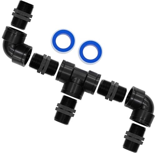 AERZETIX Kit di raccordo a 3 vie 1 in plastica / 5 nippli uguali / 1 raccordo a T / 2 gomiti 90° / 2 rotoli di nastro PTFE 10 m