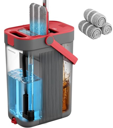 SONGMICS Mop and Bucket Set, Flat Mop with 3-Chamber Clean & Dirty Water Separation System, Wringer Bucket, 360° Rotating Head, 3 Microfibre Pads, Grey and Red LMB001GT03