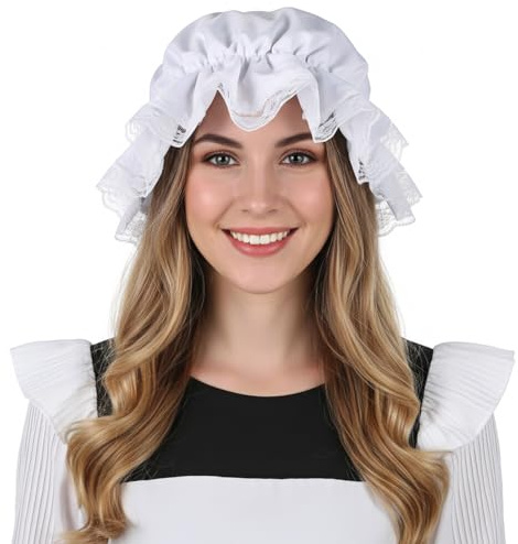 Tucnoeu White Colonial Hat, Elastic Colonial Mop Cap Halloweens Costume Bonnets Colonial Costume Pilgrim Hats Traditional Bonnet Mop Cap Pilgrim Costume