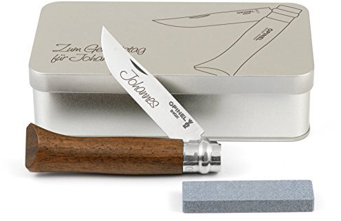 Opinel No.8 Walnussholz Taschenmesser Geschenkdose inkl. Schleifstein und Wunschgravur auf Klinge + Dose