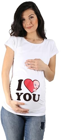 M.M.C. Umstandsshirt Kurzarm Damen mit I-Love-You-Motiv – Umstandsmode T-Shirt für die Schwangerschaft, mitwachsende Raffung, 95% Baumwolle, S bis XL