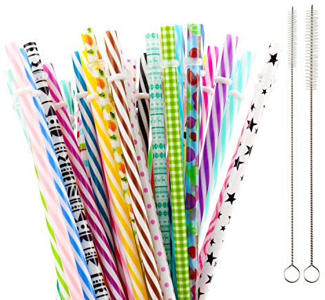 SUBANG 50 Pack Reusable Straws, BPA-Free, 9 Colorful Hard Plastic Stripe Drinking Straw for Mason Jar Tumbler, Family or Party Use with Cleaning Brush