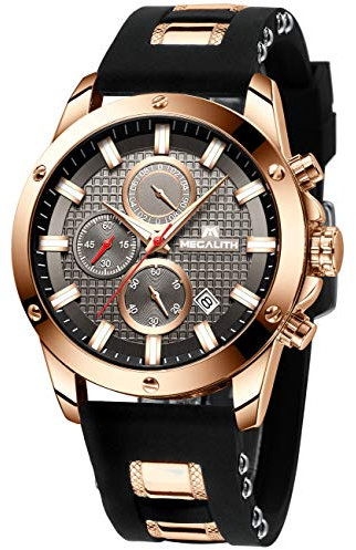 MEGALITH Reloj Hombre Negro Cronografo Reloj Grande Hombre Deportivo Analógico Reloj de Pulsera de Goma Impermeable Luminosos