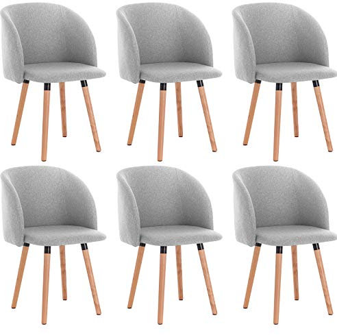 WOLTU Esszimmerstühle 6er Set Küchenstühle Wohnzimmerstühle Polsterstühle, Armlehnstühle mit Rückenlehne, für Esszimmer, Küche, Wohnzimmer, Leinen, Gestell aus Massivholz, Hellgrau, BH120hgr-6