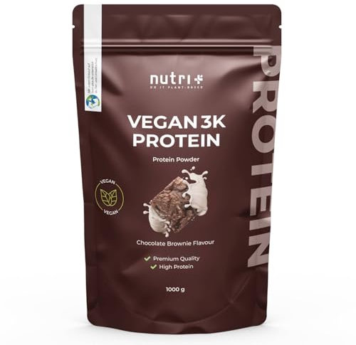 Nutri + Vegan Protein Pulver Chocolate Brownie 1000 g - Pflanzliches Proteinpulver Schokolade 1 kg für unverschämt leckere Schoko Eiweiß Shakes