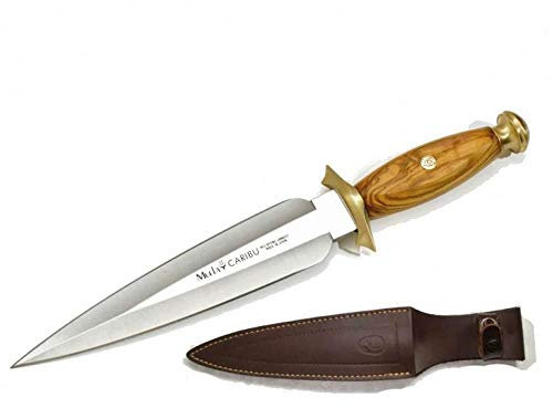 Muela Cuchillo de Caza CARIBU con Hoja de Acero Inoxidable MoVa de 20,5 cm y empuñadura de Madera de Coral de 12,5 cm para Caza, Pesca, Supervivencia y Bushcraft + Portabotellas de Regalo