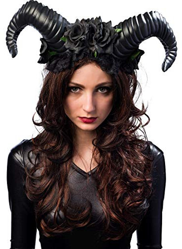 Amakando Diabolischer Haarschmuck Dämon mit Hörnern & Blüten/Schwarz/Dunkle Zauberin Haarreif Schwarze Magie/Bestens geeignet zu Gruselparty & Karneval