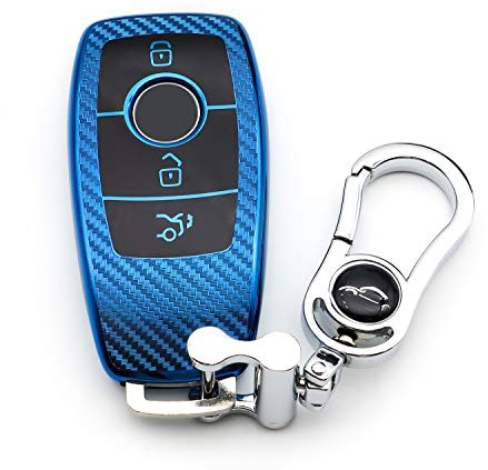 M.JVisun Soft Carbon Fiber Finish Car Key Fob Cover For Mercedes-Benz 2019-2022 A Class C Class G Class 2017-2022 E Class 2018-2021 S Class Electroplated TPU Case With Metal Keychain - Blue