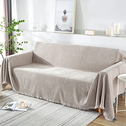 Sofa überwurfdecke für 2-/3-/4-Sitzer, sofaüberwurf Decke Couch überwurf Baumwolle Waschbar Anti-rutsch Schmutzabweisend Kissen couchdecke überwurf Nahtlos mit Quasten(180 x 260 cm, Khaki)