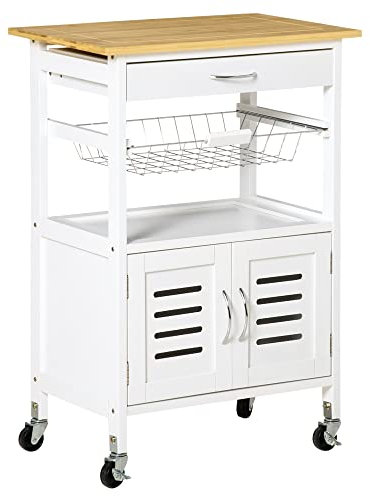 HOMCOM Carrito de Cocina con Ruedas Carro de Almacenamiento Multiuso con Encimera de Bambú Cajón Cesta Metálica y Armario de 2 Puertas de Persiana 58x37x85,5 cm Blanco