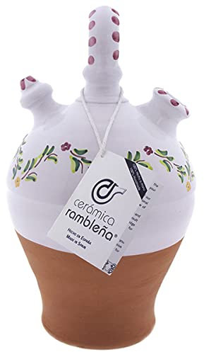 CERÁMICA RAMBLEÑA | Botijo de Barro Rojo | Botijo Decorado asa Redonda Base Vuelta Cenefa Verde-Rosa - Modelo D08 de La Rambla (Córdoba) | 100% Hecho a Mano | 3.5 litros | Eco