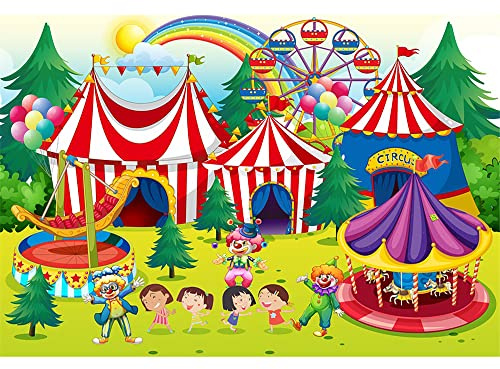Aoihrraan 2,2x1,5m Zirkus Hintergrund Rot Zelte Karussell Clowns Regenbogen Unterhaltung Park Karneval Fotografie Hintergrund Neugeborenes Baby Dusche Geburtstag Party Dekor Kuchen Tisch Foto Prop