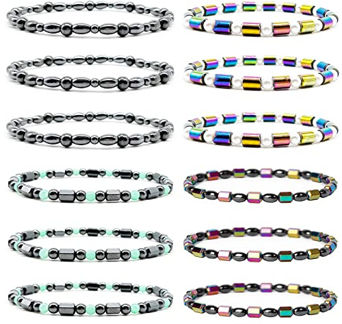 SROBENZ 12 Pcs Therapy Hematite Anklet Bracelet Energy Healing Anklet Set for Women Men Lymphatic Drainage Anti-Anxiety Magnetic Obsidian Beach Anklets Bracelet
