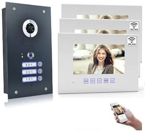 3 Familienhaus 2 Draht Bus Technik Video Türsprechanlage mit Fingerprint, 170 Grad Kamera in Edelstahl Anthrazit (2X Monitore mit WLAN, 1 ohne)