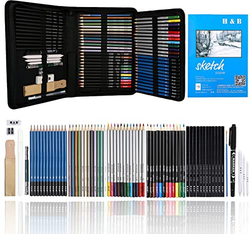 72Pcs Drawing Sketching Kit Set, Pro Art Supplies with Sketchbook, Watercolor, Graphite, Colored, Metallic, Charcoal Pencil, Drawing Set in Zipper Carry Case for Adults Teens Beginner