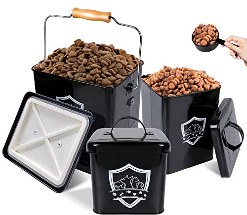 Zvonema 3 Boîtes pour Nourriture et Friandises pour Animaux, Boîte de Rangement pour Aliments avec Couvercle & Pelle, Boîte Croquette Chien & Chat, Conteneur Croquette Animaux, 7L + 2L + 1L, Noir