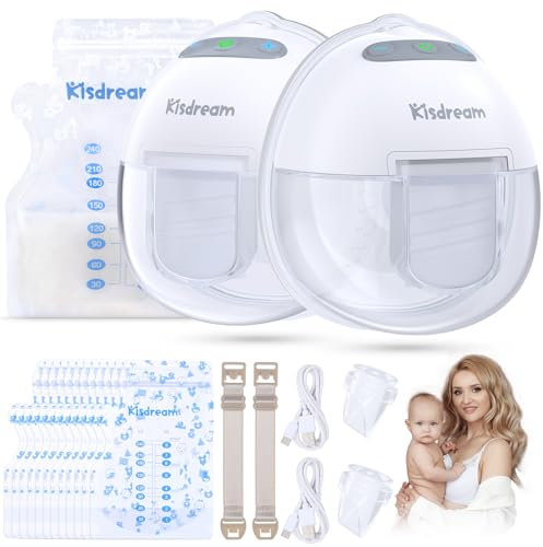 Wearable Breast Pump with 12 Pcs Breastmilk Storage Bags, Hands-Free Breast Pump 2 Modes 9 Level Electric Express Pump Silicone Breast Pump Wireless Milk Breast Pump Double Breast Pumps 24mm Flange