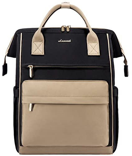 LOVEVOOK Schultasche Damen Mädchen Schulrucksack Jungen Teenager Wasserdichter Lehrertasche Arbeitsrucksack mit 15,6 Zoll Laptopfach & Anti Diebstahl Tasche für Reisen Uni Schule Büro, Khaki Schwarz