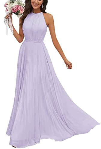 Damen Halfter Brautjungfernkleider für Hochzeit Lang A Linie Chiffon Formal Abendkleid 2023 Smaragdgrün, Flieder, 40