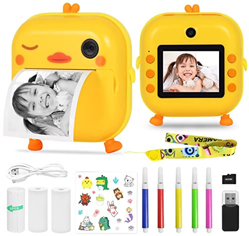 AURTEC Mini Instant Camera for Kids, 48MP Dual Camera, 1080P HD Video, 32G TF Card, 3 Print Paper, 2.4 Inch Color Screen, Cute Animal Cartoon Design, Duck