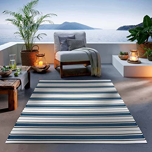 TacaHome Outdoor Teppich I Wetterfest Für Drinnen und Draußen I Terrasse Balkon Garten Wohnzimmer Badezimmer Küche Flur Läufer | 140 x 200 cm Blau Streifen