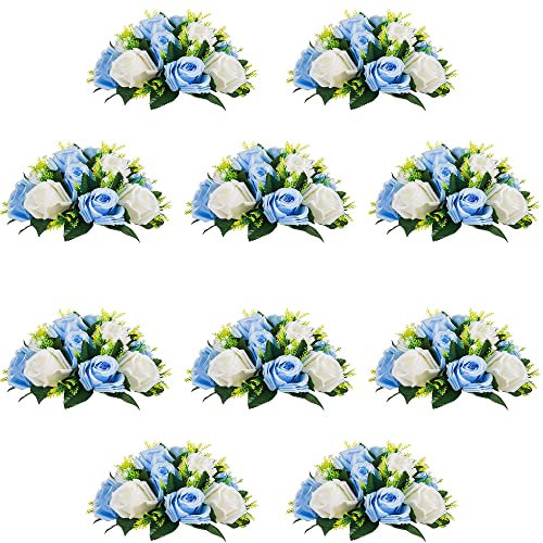 QUTUNI 10 x künstliche Blumen-Blumenstrauß, 24,1 cm, 15 Köpfe, Kunststoff-Rosen mit Sockel, geeignet für Partys, Valentinstag, Hochzeit, Tafelaufsatz, Blumenregal und Heimdekoration (blau und weiß)