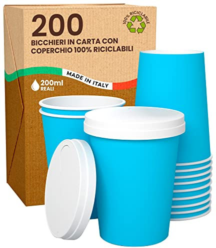 200 Gobelets Carton BLEU pour Café à Emporter - Tasse Jetables 200ml avec Couvercles pour Servir le Thé, Cappuccino, Chocolatdes Boissons Chaudes et Froides