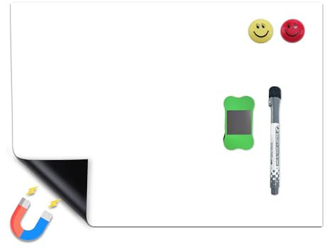Whiteboard Magnetisch, Magnettafel Kühlschrank Küche, 50 * 33 cm Magnettafel Selbstklebend, Flexibler Magnetfolie Weiß DIY für Büro Schule Zuhause, 1 Markierungen, 2 Magneten, 1 Schwamm