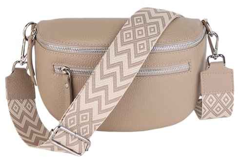 MIRROSI® Damen Bauchtasche Umhängetasche 27x14,5x8cm Damen, Made in Italy, aus Echtleder Tasche Echtes Leder, Brusttasche, Crossbody Bag,Bohemian Style (1 Tasche 2 Gurte) (Helltaupe (Boho))