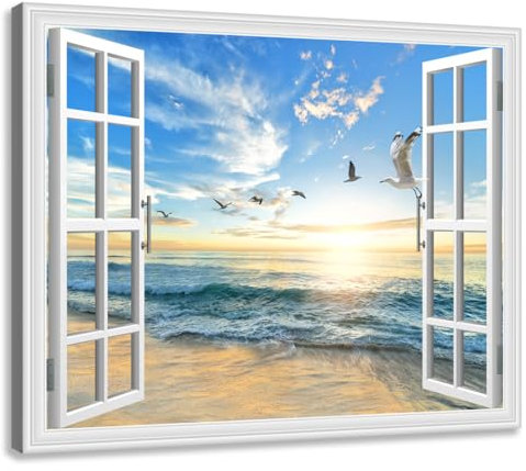 Woxfcart Strandbilder, Leinwand, Wandkunst, offenes Fenster, Ozean, Möwe, Vögel, blau, natürliche Szene, Landschaft für Wohnzimmer, Dekoration, 50 x 40 cm