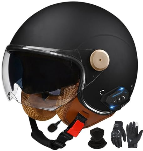 GNIUBBDB Bluetooth-Motorrad-Jethelm, Retro-Halbhelm im Deutschen Stil, 3/4-Rollerhelm für Erwachsene, ECE-zugelassen, mit Doppelvisier, Motorrad-Moped-Helme B-2,M (57-58cm)