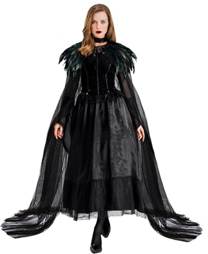 keland Schwarzer Tüll Umhang Lang mit Federkragen Feder Cape Halloween Maleficent Accessoires (Schwarz)