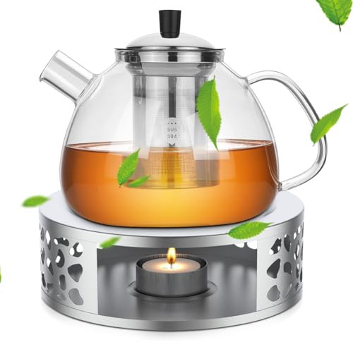 Yuragim Teekanne mit Stövchen Set, 1,5 L Glas Teekanne mit Abnehmbarem Siebeinsatz und Edelstahl Teewärmer, Glasteekanne Tee Kanne Teebereiter für Tee Kräutertee Früchtetee, Geschenk für Teeliebhaber