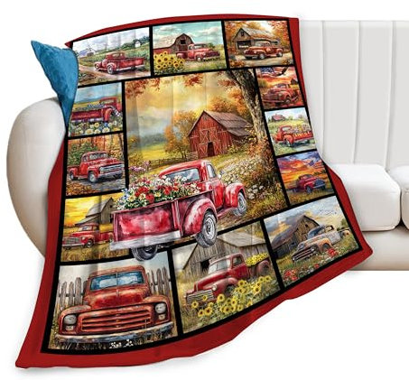 Rote Trucks-Decke, Geschenke für Mädchen, Jungen, Frauen, Bauernhof, Blume, Überwurf, Decken, Bauernhaus, alte Scheune, LKW, Fleece, Flanell, weich, leicht, Landhaus-Plüschdecke für Kinder, Teenager,
