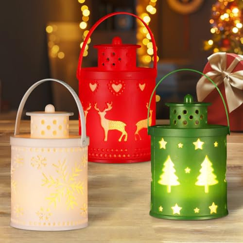 LED Windlicht Weihnachten, 3 Stück laterne weihnachten, Weihnachtsdeko Tisch Innen, Weihnachtsdeko Fensterbank, Beleuchtete Weihnachtsdeko, Laternen für Heimdekoration Wohnzimmer drinnen