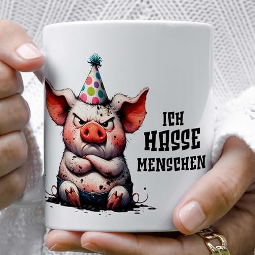 Lustige Schweinetasse Ich hasse Menschen Witzige Geschenkidee zu Weihnachten für beste Freundin oder Kollegin Humorvolle Tasse für Kaffee oder Tee Schweinebecher mit Spruch Weihnachtsgeschenk