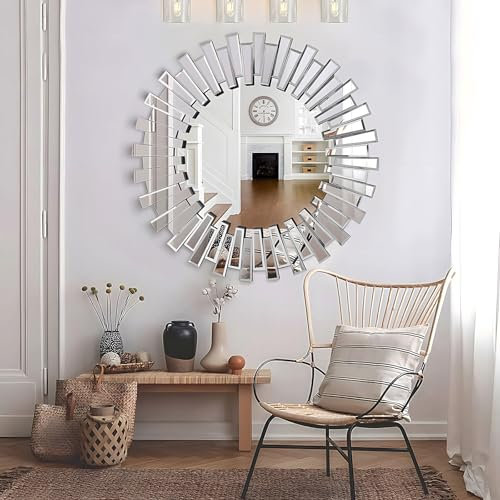 Großer runder Wandspiegel, 82 x 82 cm, großer dekorativer Wandspiegel mit unregelmäßigem Rahmen und abgeschrägten Kanten, Spiegel für die Wand, silberfarben, großer Wandspiegel, rahmenlose Spiegel