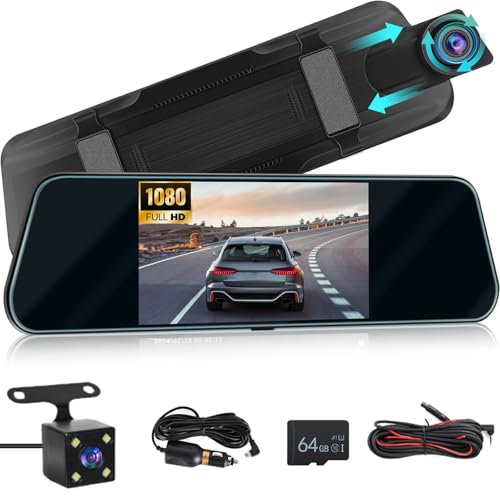 Cámara de Espejo Retrovisor para Coche con Tarjeta TF 64G, 5.5 Pulgadas 1080P Full HD Pantalla Táctil/Grabación en Bucle /150° Gran Angular/Visión Nocturna/Detección de Movimiento + Cámara de Respaldo