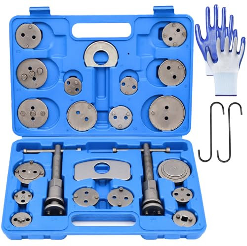DASBSTE 24-TLG. Universal Bremskolbenrücksteller Set - Profi Bremskolben Rücksteller Werkzeug mit 2 Bremssattel Haken Aufhänger – KFZ Bremssattelrückstellwerkzeug mit Links- & Rechtsgewinde