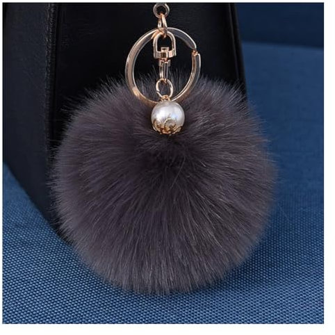 Wisafory Porte-clés pompon avec perle dorée en fourrure synthétique moelleuse - Porte-clés de sac à dos - Accessoires - Porte-clés pour femme - Gris foncé