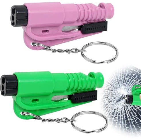 Dozylive 2PCS Car Window Breaker Seatbelt Cutter, 3 in 1 Mini Survival Whistle, Seat Belt Cutter and Safety Hammer, Glass Breaker Emergency Keychain Car Essential Tool for Land and Underwater