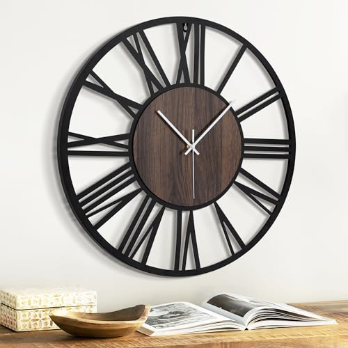 Jassurance 16IN Large Wall Clocks Battery Operated Black, Silent Wooden Metal Wall Clock for Living Room Decor, Kitchen Decorative Wall Clock Modern (Dark Wood, Roman-16IN)
