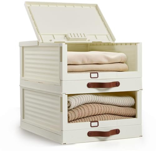 2 Stück NEU Schrank Organizer Kleiderschrank Groß Faltbare Ordnungssystem Kleiderschrank mit 1 Klappdeckel, Stapelboxen Schubladen Organizer Kunststoff Aufbewahrungsbox für kleidung unterwäsche