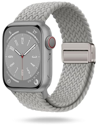 ONEFLOW Casual Loop Kompatibel mit Apple Watch 7 (41mm) Geflochtenes Armband Elastisch, Textil iWatch Armbänder Damen Herren, Sport Nylon Stoff Band Verschluss Magnetisch, Hellgrau
