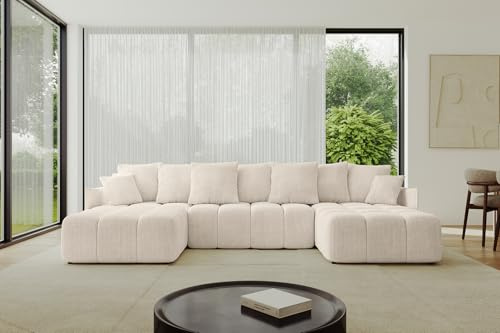 ALTDECOR Ecksofa in U-Form mit Schlaffunktion und Bettkasten Corner Sofa Bett Eckcouch Couch L-Form Schlafcouch Ausziehbar Wohnlandschaft Schlafsofa Cauchsofa LONLI-U 355x189x68 Beige