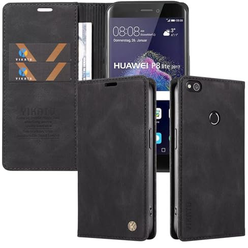 Handyhülle für Huawei P8 Lite 2017/P9 Lite 2017 Hülle Klappbar Premium PU Lederhülle Klapphülle Kartenfach Standfunktion Schutzhülle für Huawei P8 Lite 2017 Flip Case Wallet Tasche Cover, Schwarz