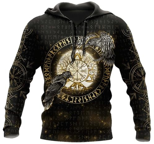 Wikinger Tattoo Odin Rabe Hoodie Herren Langarm Pullover Sweatshirt 3D-Druck Mjölnir Kapuzenpulli Mit Reißverschluss Nordische Mythologie Style Jacket Streetwear