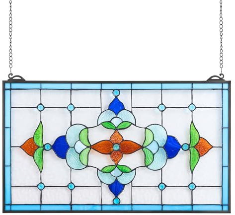 VEVOR Stained Glass Window Panel, 26 x 16 in, Tiffany Style Hanging Transom Window Panel with Chain, Large Horizontal Rectangle Stain Glass, Vintage Traditional Art Handcrafts for Kitchen Home Decor