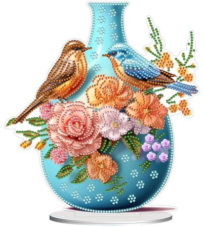 CAYUDEN DIY Diamond Painting Tischdeko, Kristall Rosen Vögel Vase 5D Edelsteine Painting Stehend Kunst Set, Blue Desktop Diamant Kreativ Set Dekor, Geschenke für Erwachsene Aesthetic Room Decor